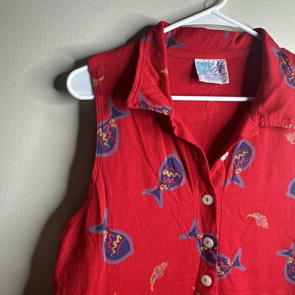 Vintage 90's Zip Code Maxi Dress Tropical Fish Print Womens Large Red Hawaii - Picture 3 of 9